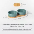 Set di doppie ciotole in ceramica per animali con vassoio in bambù e dimensioni del prodotto - Taglia M / Supporto Doppio in Bambù / Verde Grigio Lucido