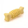 Macro view of durable yellow TPR dog chew bone toy with specialized cleaning bumps - Double-Tail Fish Bone / Yellow Khaki