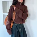 Women's brown half-zip high neck knitted sweater in a stylish cropped design for fall. - One Size / Tops / Dark Brown