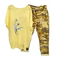 Women's fashion two-piece set featuring yellow dandelion print tee and camo pants - 3XL / Top And Bottom / Dandelion Print-Yellow