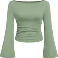 Saliegroen geribd T-shirt met boothals, trompetmouwen en geplooide taille voor dames - S / Tops / Grasgroen