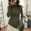 Slim fit olive green turtleneck ribbed knit sweater with long sleeves for women - Army Green