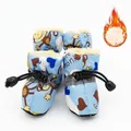 Zapatos azules antideslizantes para mascotas con diseño de mono y forro de felpa suave - No. 1 / Patrón de Mono Cálido / Azul con Forro