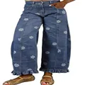 Detailed shot of Y2K retro wide-leg denim pants featuring white daisy print and ruffled hem - S / Bottoms / Blue