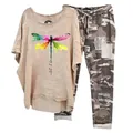 Stylish women's casual two-piece set with a dragonfly print top and camouflage pants - 3XL / Top And Bottom / Apricot (Element 50)