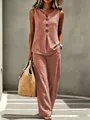 Dusty rose women's two-piece set with V-neck sleeveless top and wide-leg pants - S / Top And Bottom / Rouge Red