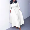Elegant white plus-size midi dress with a stylish tie-waist and three-quarter sleeves. - L / Dresses / White