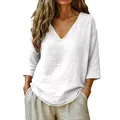 Blusa de lino blanco con cuello en V para mujer en un estilo relajado de verano - S / Tops / Blanco