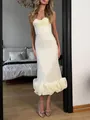 Elegant white slim fit camisole midi dress featuring a stylish dramatic ruffle hem detail - S / Dresses / White