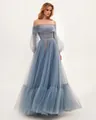 Full view of the off-the-shoulder dusty blue tulle evening gown with long sleeves. - S / Dresses / Blue