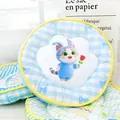 Round blue and white checkered summer cooling pet cushion with cute cartoon cat illustration - Round Mat / Size L (Diameter 50cm) / Blue Sweater Cat