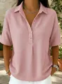Haut polo rose décontracté en maille gaufrée avec col élégant et manches courtes pour femmes - Rose Lotus