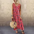 Böhmisches rot bedrucktes ärmelloses Maxikleid für den entspannten Strandurlaub - S / Kleider / Rot