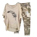 Fashionable women's casual two-piece set with a feather print tee and camouflage pants - 3XL / Top And Bottom / Apricot Feather Print (Element 5)