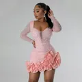 Full view of elegant pink dress with intricate rhinestone and pearl embellishments. - S / Pink