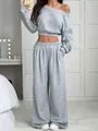 Chic grey lounge set with an off-the-shoulder cropped sweatshirt and wide-leg sweatpants - S / Top And Bottom / Gray