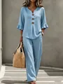 Ensemble deux pièces décontracté bleu clair pour femmes avec col V et manches volantées - Bleu clair