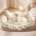 Soft cream heart-patterned pet sofa bed with khaki base and matching pillow - M (52*37cm) / Cream White Heart