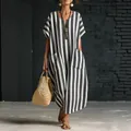 Vestido largo holgado con cuello en V para mujer con rayas verticales blancas y negras - S / Negro