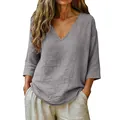 Blusa informal de lino gris con cuello en V para mujer, top holgado para vacaciones de verano - S / Tops / Gris