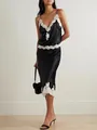 Elegant black satin two-piece loungewear set featuring white lace trim and midi skirt - S / Top And Bottom / Black