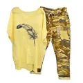 Women's casual 2-piece set with yellow feather print T-shirt and camouflage pants - 3XL / Top And Bottom / Yellow Feather Print (Element 5)