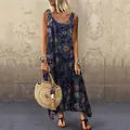 Elegantes ärmelloses Bohème-Maxikleid mit ethnischem Mandala-Druck und weitem Rock - S / Kleider / Marineblau