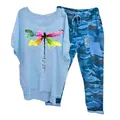 Casual two-piece women's set with dragonfly print tee and camouflage pants - 3XL / Top And Bottom / Blue (Element 50)