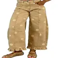 Vintage Y2K khaki wide leg jeans featuring white floral daisy print and ruffle hem design. - Khaki