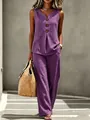 Summer casual women's purple linen-feel V-neck sleeveless top and wide-leg pants set - S / Top And Bottom / Purple