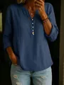 Detailed shot of a stylish blue cotton linen V-neck long sleeve blouse with buttons - S / Tops / Navy Blue