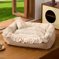 Elegant floral pet sofa bed in beige with ruffled edges and matching small pillow. - L (60*51cm) / Vintage Floral