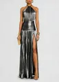 Silbernes Plissee-Maxikleid mit Neckholder und hohem Beinschlitz für die Abendgesellschaft - XS / Kleid (8155) / Schwarz Silber