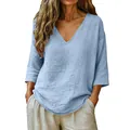 Camiseta de lino azul claro con cuello en V para mujer, ideal para vacaciones de verano. - S / Tops / Azul claro