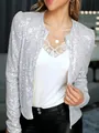 Fashionable women's silver sequined short jacket, perfect for stylish party and evening wear - S / Tops / White and Silver