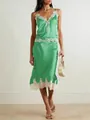 Elegant emerald green satin camisole and midi skirt set with delicate white lace trim - S / Top And Bottom / Green