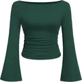 Slim fit top met boothals, uitlopende mouwen en plooien in donkergroen voor dames. - S / Tops / Groen