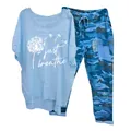 Light blue two-piece lounge set with 'just breathe' dandelion print and camo pants. - 3XL / Top And Bottom / Blue (Element 49)