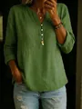 Detail shot of green linen v-neck blouse with buttons and relaxed fit styling - S / Tops / Verdant