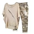 Casual women's set featuring a beige feather print top and camouflage patch pants - 3XL / Top And Bottom / Apricot Feather Print (Element 6)