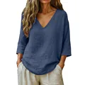 Camiseta de lino con cuello en V para mujer en azul marino, top informal holgado de verano. - S / Tops / Azul marino