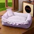 Elegant lavender purple ruffled pet sofa bed with polka dot cushion and matching pillow - M (52*37cm) / Taro Purple Polka Dot