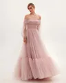Elegant off-the-shoulder pink tulle maxi dress featuring delicate sheer lantern sleeves - S / Dresses / Pink