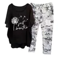 Two-piece casual set featuring a 'just breathe' print tee and grey camouflage pants - 3XL / Top And Bottom / Black (Element 49-Dandelion)