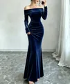 Elegant off-shoulder navy blue velvet maxi dress with a flattering slim-fit silhouette. - S / Dresses / Dark Blue