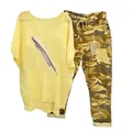 Women's trendy 2-piece set featuring yellow feather print top and camouflage jogger pants. - 3XL / Top And Bottom / Yellow Feather Print (Element 6)
