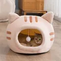 Cama semicerrada para gatos con forma de cabeza de gato en felpa suave y cálida para invierno - 35x35x30cm / Rosa / S