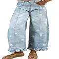 Close-up detail of light blue floral print wide-leg denim jeans with unique ruffled hems - Light Blue