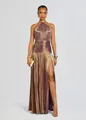 Elegantes metallisch plissiertes Neckholder-Maxikleid mit Schlitz und Rückenausschnitt - XS / Kleider / Lila Gold