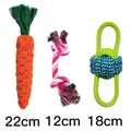 Three durable cotton rope dog chew toys with size measurements from 12cm to 22cm - Carrot, Knot, and Loop Ball / Carrot 22cm+Knot 12cm+Ball 18cm